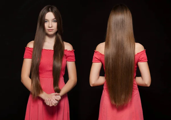 Fechar Maquilhagem Modelo Moda Jovem Linda Menina Morena Vestido Vermelho — Fotografia de Stock