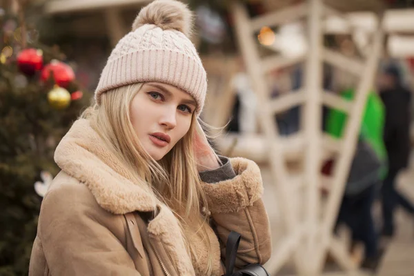 Happy Beautiful Blonde Woman Sheepskin Coat Knitted Hat Center Christmas — Stock Photo, Image