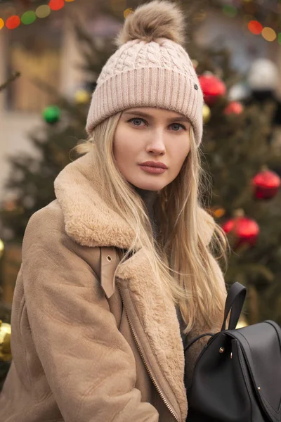 Happy Beautiful Blonde Woman Sheepskin Coat Knitted Hat Center Christmas — Stock Photo, Image