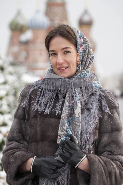 Portrait Close Young Beautiful Happy Brunette Woman Fur Mink Coat — Stock Photo, Image