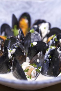 Kızarmış midye kabuğu ve krema sosu