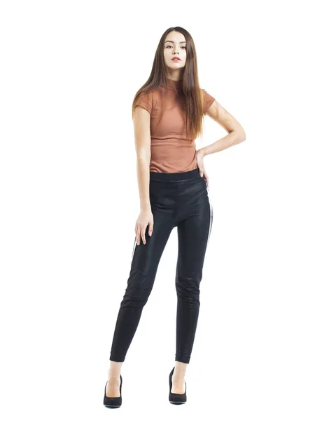Volledige lichaam, jonge mooie brunette vrouw in zwarte broek — Stockfoto