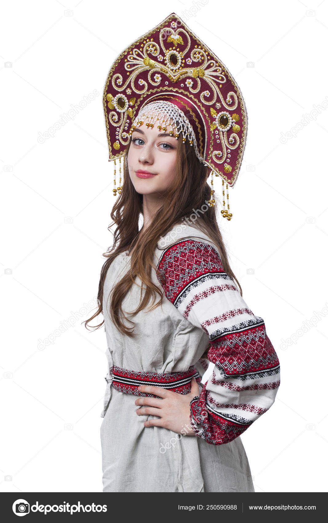 Traditional Russian folk costume, portrait of a young beautiful