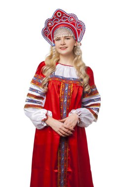 Geleneksel Rus Halk kostüm, genç güzel bir portresi 