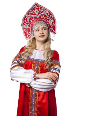 Traditional Russian folk costume, portrait of a young beautiful  clipart