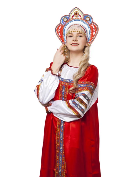 Traditional Russian folk costume, portrait of a young beautiful — Stock Photo, Image