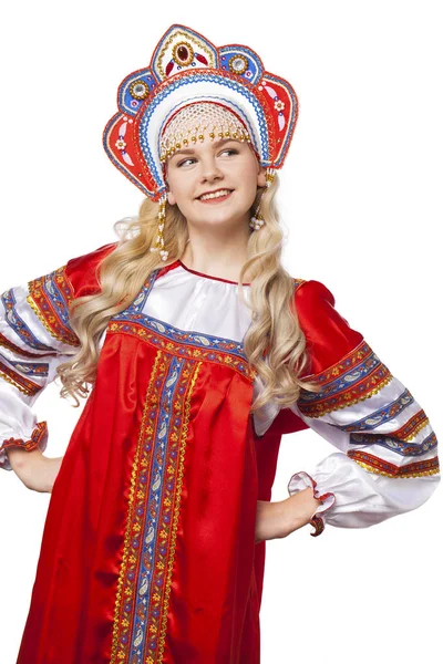 Traditional Russian folk costume, portrait of a young beautiful — Stock Photo, Image