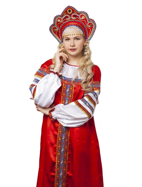 Traditional Russian folk costume, portrait of a young beautiful — Stock Photo, Image