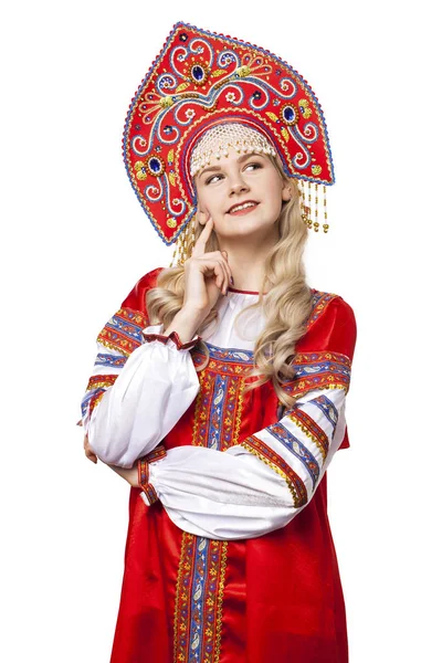 Traditional Russian folk costume, portrait of a young beautiful — Stock Photo, Image