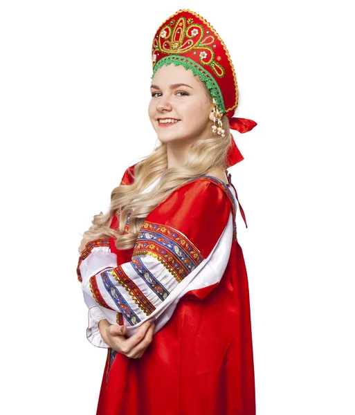 Costum popular tradițional rus, portretul unei tinere frumoase — Fotografie, imagine de stoc