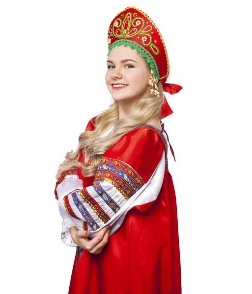 Traditional Russian folk costume, portrait of a young beautiful — Stock Photo, Image