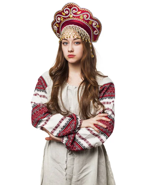 Traditional Russian folk costume, portrait of a young beautiful — Stock Photo, Image