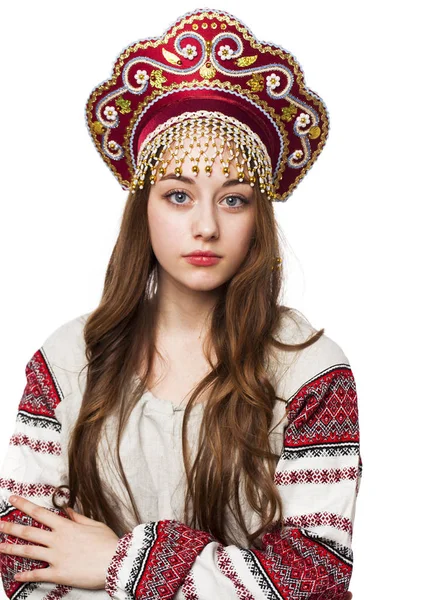 Traditional Russian folk costume, portrait of a young beautiful — Stock Photo, Image