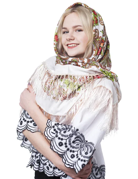 Traditional Russian folk costume, portrait of a young beautiful — Stock Photo, Image