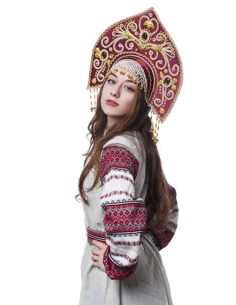 Traditional Russian folk costume, portrait of a young beautiful — Stock Photo, Image