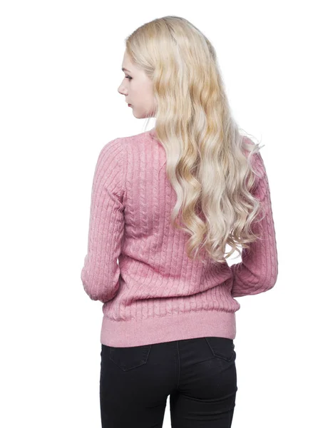 Cabelo loiro vista para trás. Menina bonita em suéter rosa — Fotografia de Stock