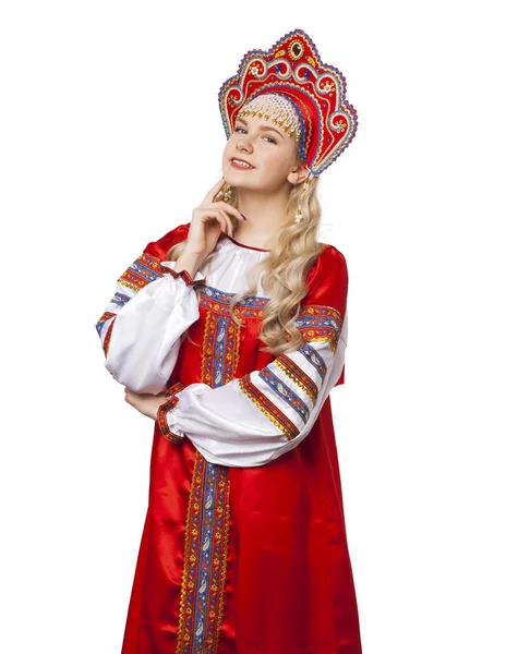 传统的俄罗斯民族服装, 一个年轻美丽的肖像 免版税图库照片