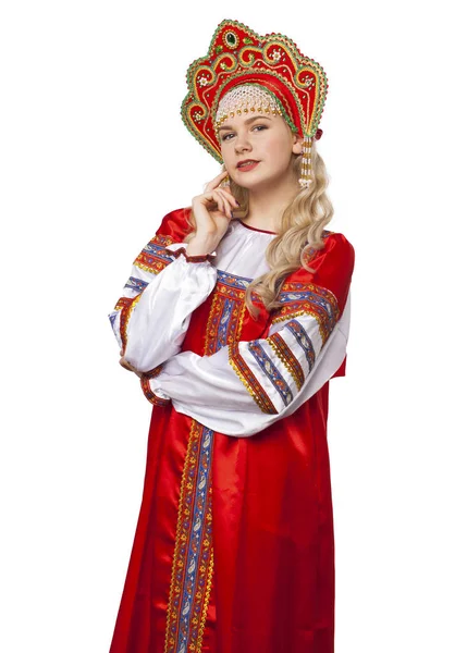 Russische folkloristische klederdracht, portret van een jonge mooie Stockafbeelding