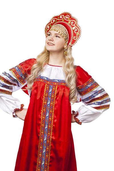 Traditionella ryska folkdräkt, porträtt av en ung vacker Royaltyfria Stockbilder