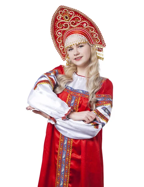 Russische folkloristische klederdracht, portret van een jonge mooie Rechtenvrije Stockfoto's