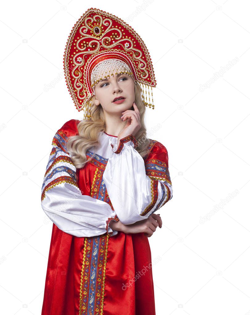 Traditional Russian folk costume, portrait of a young beautiful 