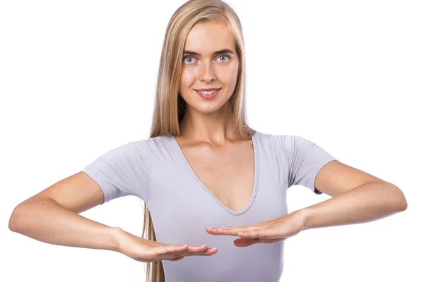 Young beautiful blonde woman in gray fitness body clothing — Stock Photo, Image