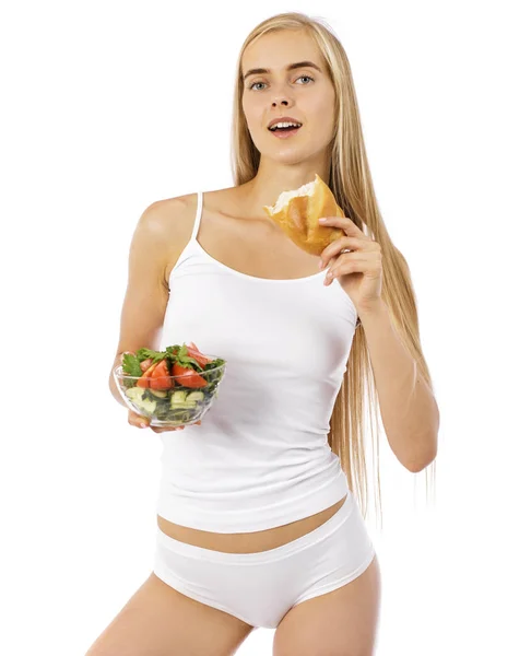 Beautiful blonde woman in white fitness clothing — Stock Photo, Image