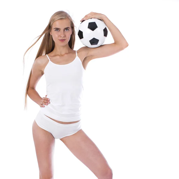 Young beautiful woman in white fitness clothing and soccer ball — Stock Photo, Image
