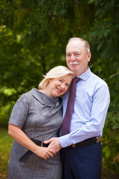 Äldre par promenader i sommar i parken — Stockfoto