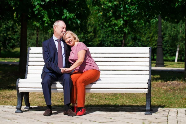 Heureux couple de personnes âgées reposant sur un banc — Photo