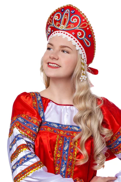 Traditional Russian folk costume, portrait of a young beautiful — Stock Photo, Image