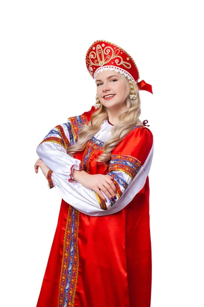 Traditional Russian folk costume, portrait of a young beautiful — Stock Photo, Image