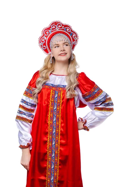 Russische folkloristische klederdracht, portret van een jonge mooie Stockafbeelding