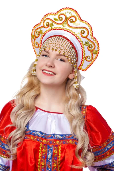 Russische folkloristische klederdracht, portret van een jonge mooie Rechtenvrije Stockfoto's