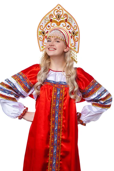 Traditional Russian folk costume, portrait of a young beautiful Royalty Free Stock Photos