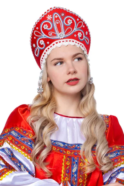 Russische folkloristische klederdracht, portret van een jonge mooie Stockafbeelding