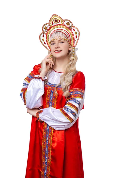 Geleneksel Rus Halk kostüm, genç güzel bir portresi Stok Fotoğraf