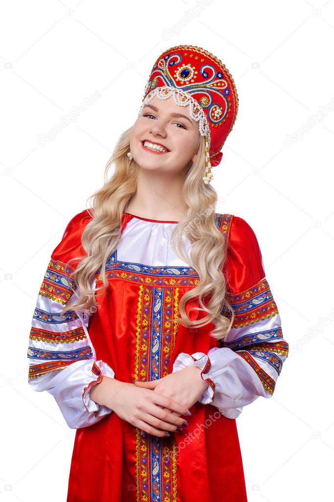 Traditional Russian folk costume, portrait of a young beautiful 