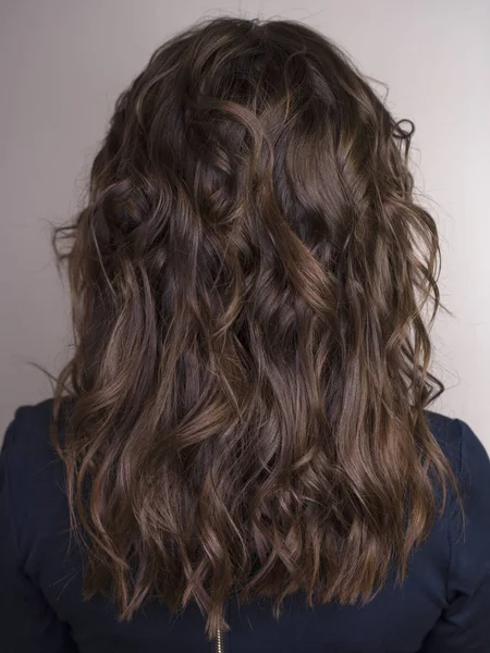 女性の長い波状のブルネットの髪、リアビュー — ストック写真