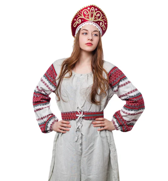 Russische folkloristische klederdracht, portret van een jonge mooie Stockfoto