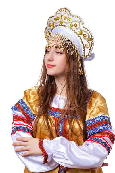 Traje popular ruso tradicional, retrato de una joven hermosa —  Fotos de Stock