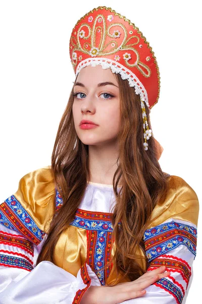 Tradycyjnych strojów ludowych rosyjskiej, młody piękny portret — Zdjęcie stockowe