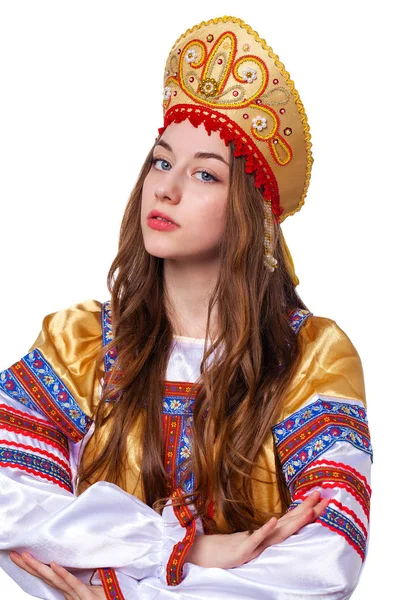 Traditional Russian folk costume, portrait of a young beautiful — Stock Photo, Image