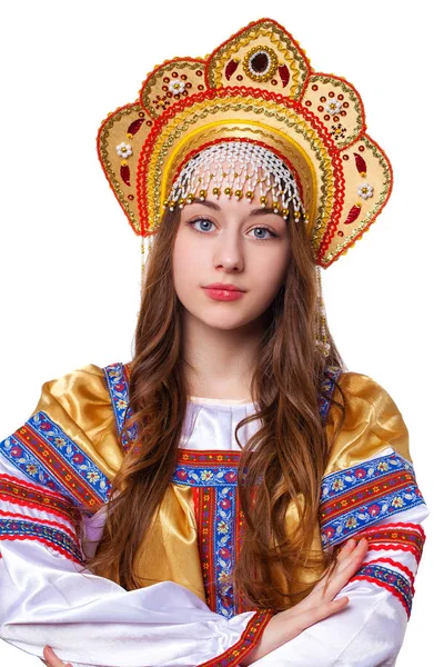 Traditional Russian folk costume, portrait of a young beautiful — Stock Photo, Image