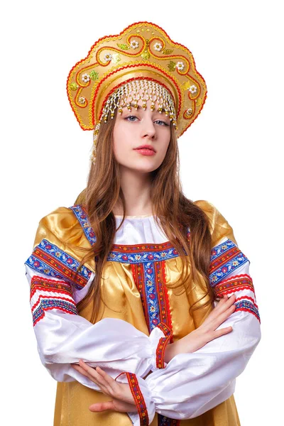 Traditional Russian folk costume, portrait of a young beautiful — Stock Photo, Image