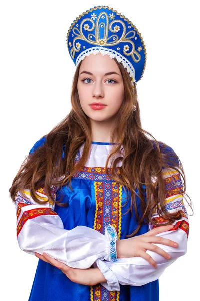 Traje popular ruso tradicional, retrato de una joven hermosa —  Fotos de Stock