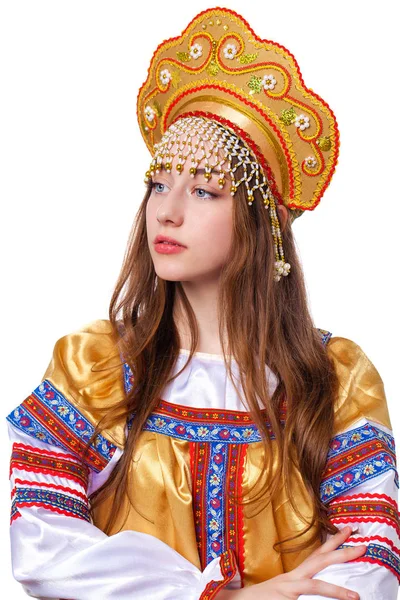 Traditional Russian folk costume, portrait of a young beautiful — Stock Photo, Image