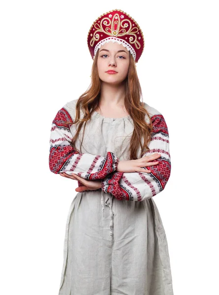 Traditional Russian folk costume, portrait of a young beautiful — Stock Photo, Image