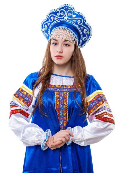 Geleneksel Rus Halk kostüm, genç güzel bir portresi — Stok fotoğraf