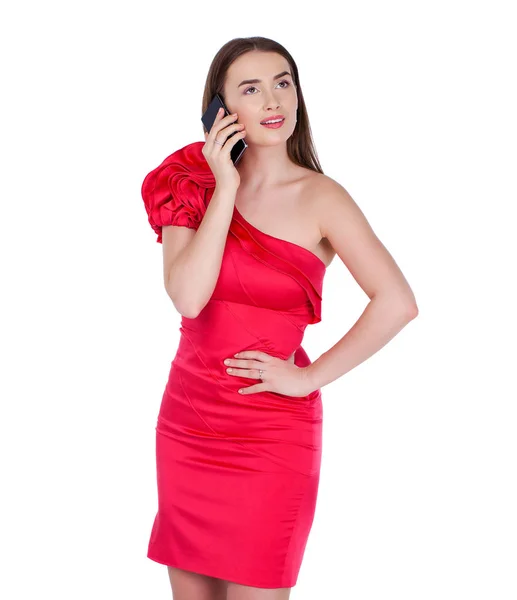 Portrait of happy smiling woman calling by phone — Stock Photo, Image